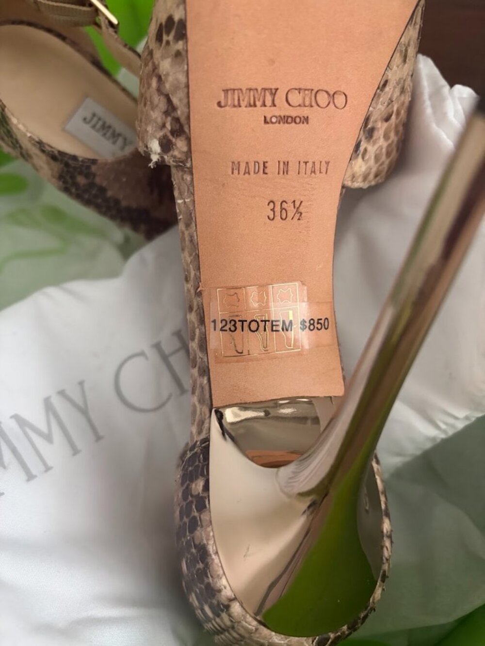 Jimmy Choo Tan & Brown Snakeskin T-Strap Platform Sandals- Size 36 1/2 - Picture 7 of 8